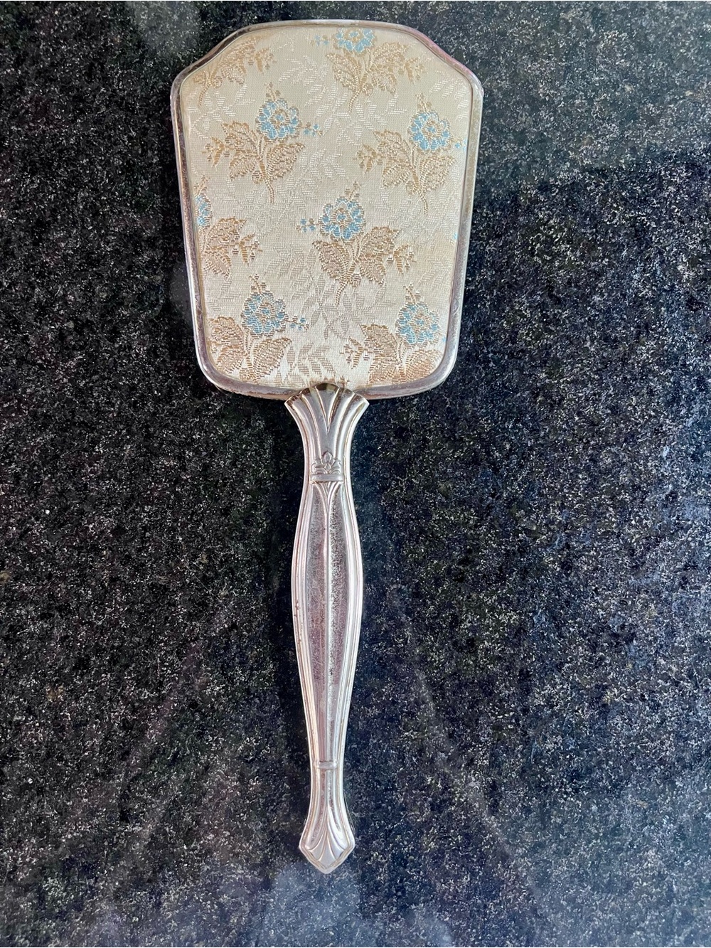 Vintage Silver Hand Mirror with Cream and Blue Floral Backing
